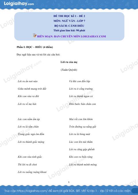 Đề thi học kì 1 Văn 7 Cánh diều - Đề số 2